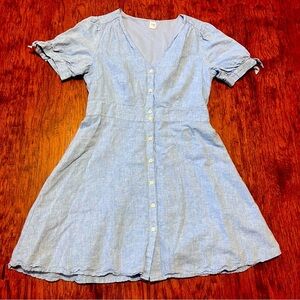 GAP Blue Linen & Cotton Short Tie Sleeve Button Down Chambray Mini Dress Size 10